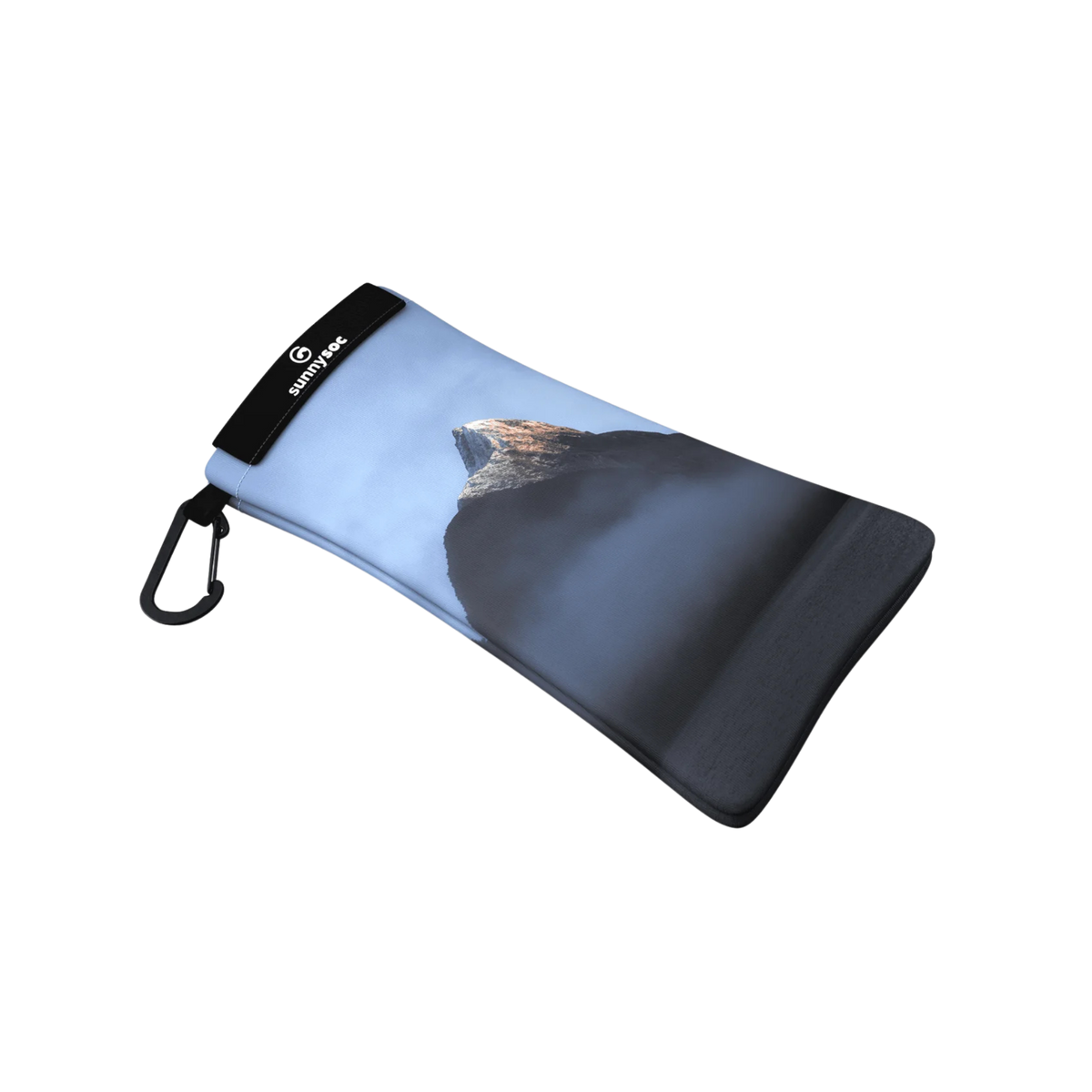 Side view of SunnySoc Sunglass Case in Misty Mountain design with lightweight flexible microfiber construction for compact eyewear protection