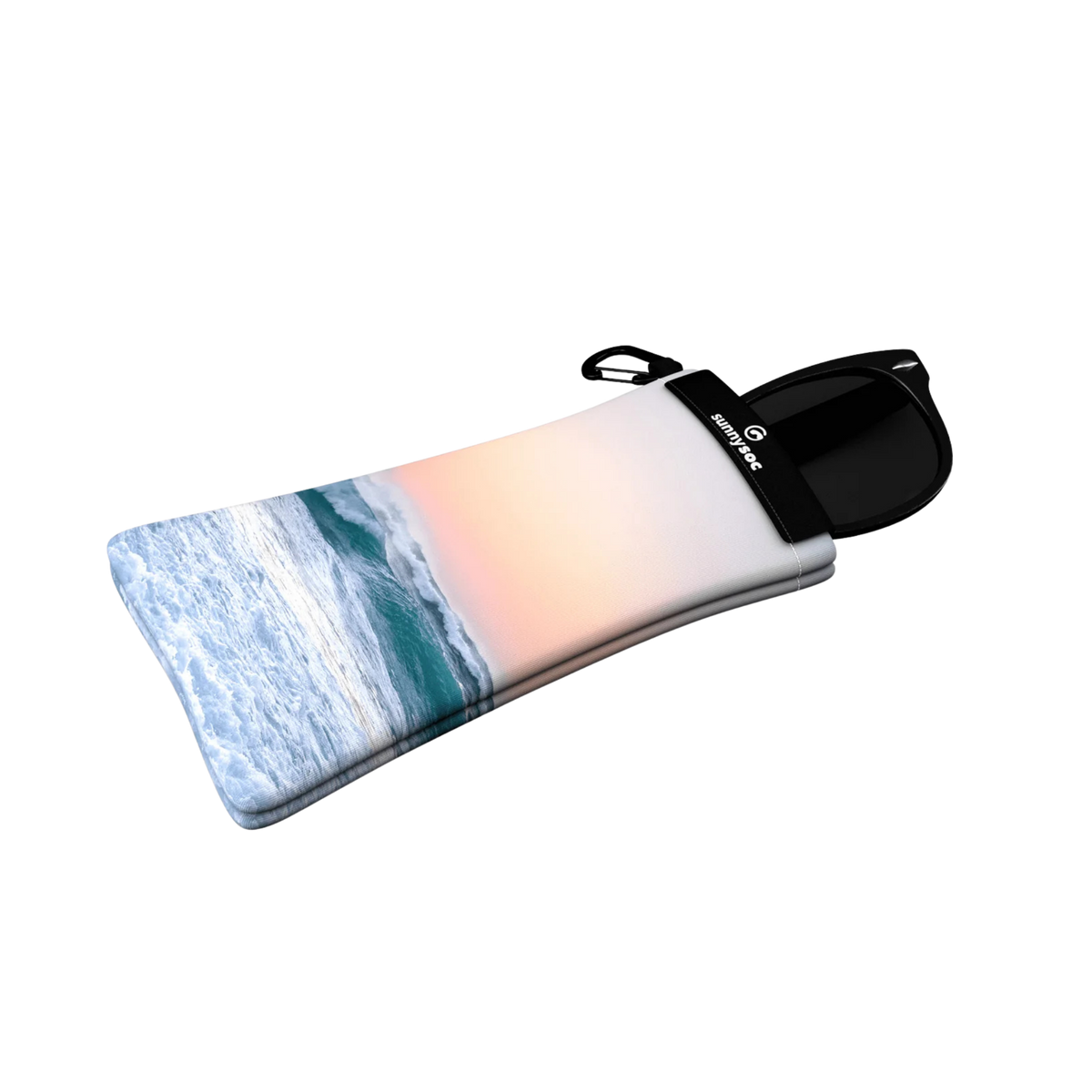 SunnySoc Sunglass Case in Tidal design holding sunglasses with soft microfiber fabric designed to help protect lenses from scratches and dust