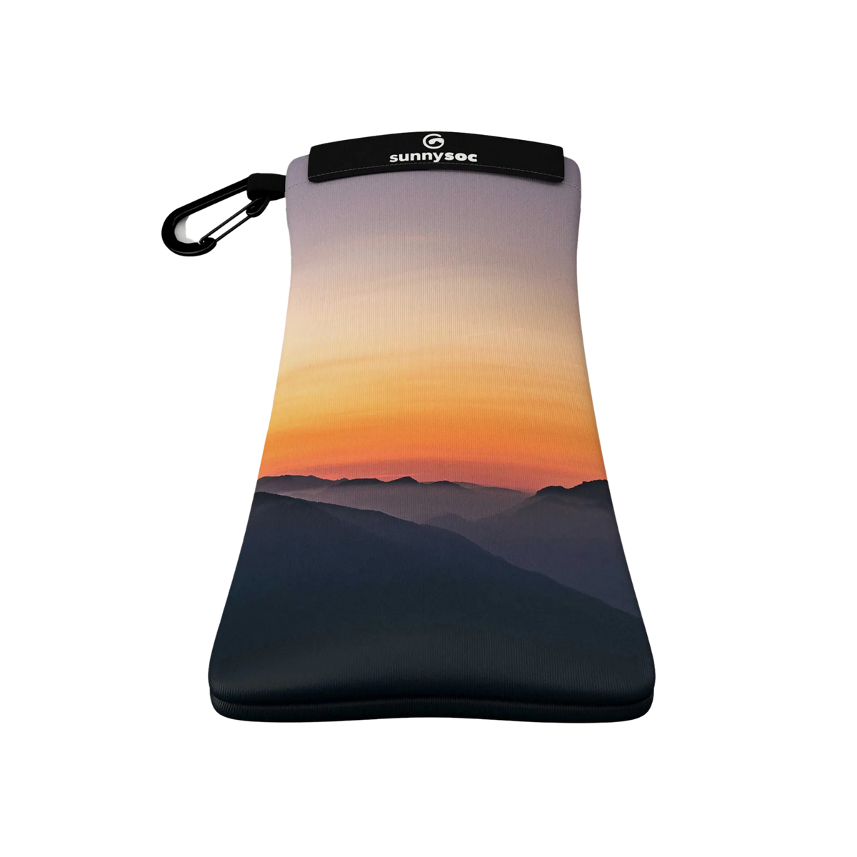 Front view of SunnySoc Sunglass Case in Sunset design with soft recycled microfiber construction and flexible one-size-fits-most design