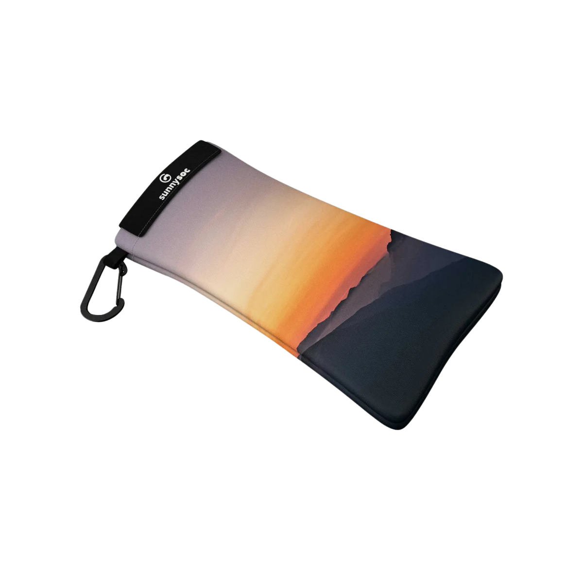 Side view of SunnySoc Sunglass Case in Sunset design with lightweight flexible microfiber construction for compact eyewear protection