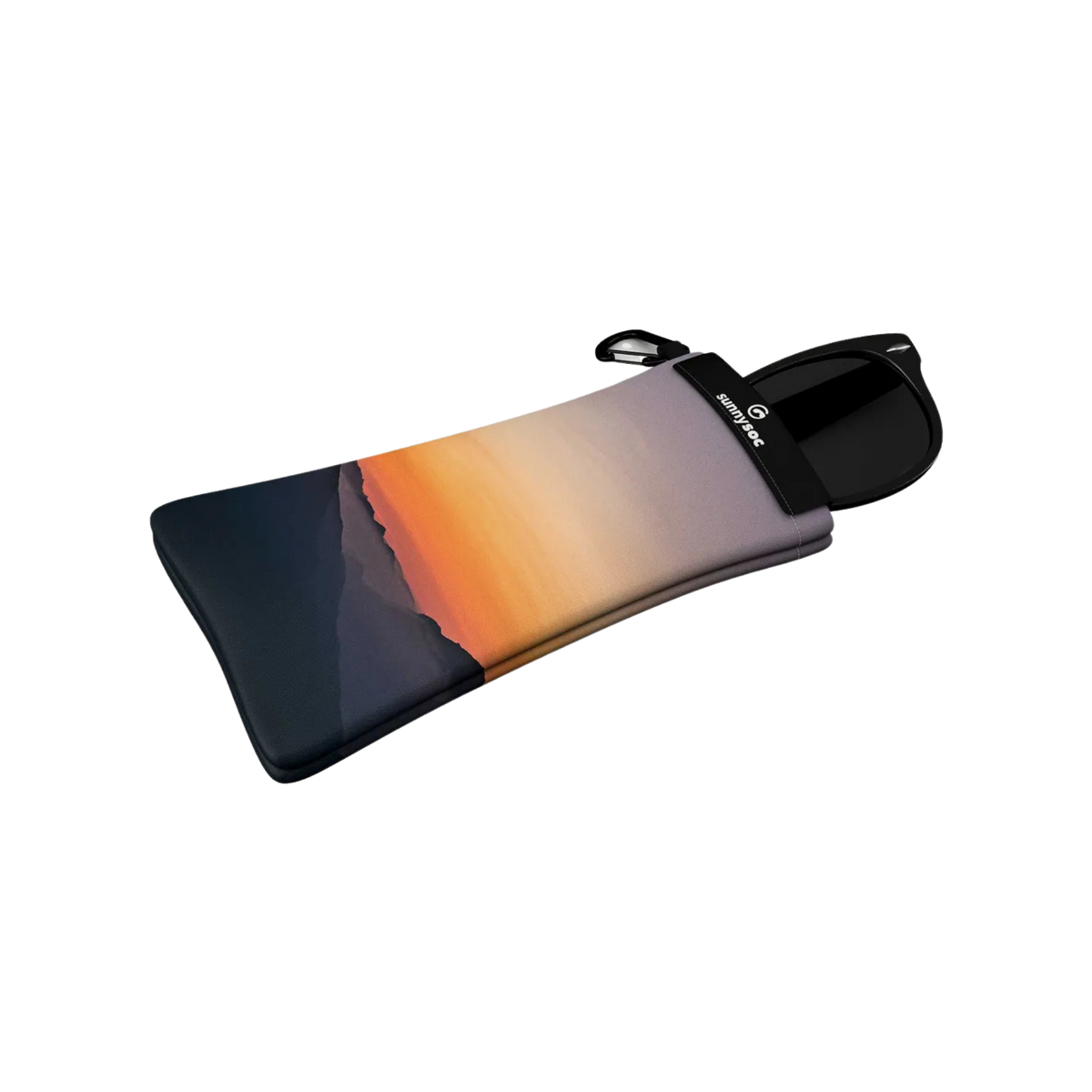 SunnySoc Sunglass Case in Sunset design holding sunglasses with soft microfiber fabric designed to help protect lenses from scratches and dust