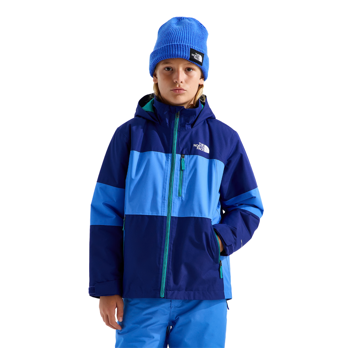 The North Face Boys Freedom Insulated Jacket in Bold Blue with waterproof DRYVENT 2L shell, HEATSEEKER insulation, attached hood and adjustable powder skirt