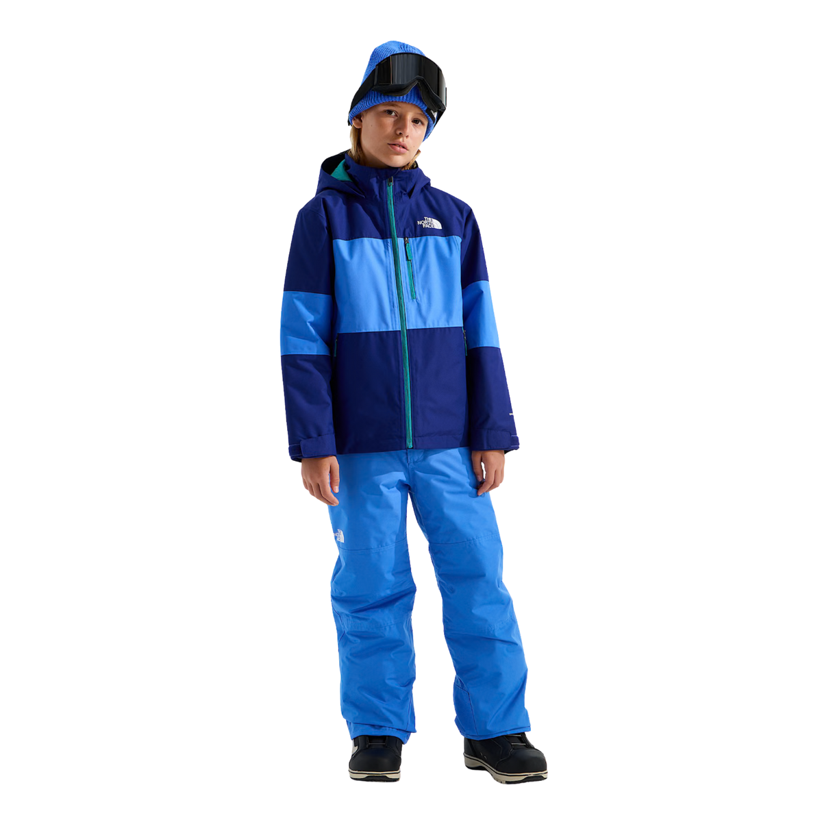 Front view of The North Face Boys Freedom Insulated Jacket in Bold Blue showing attached three-piece hood, centre-front zipper and secure-zip pockets