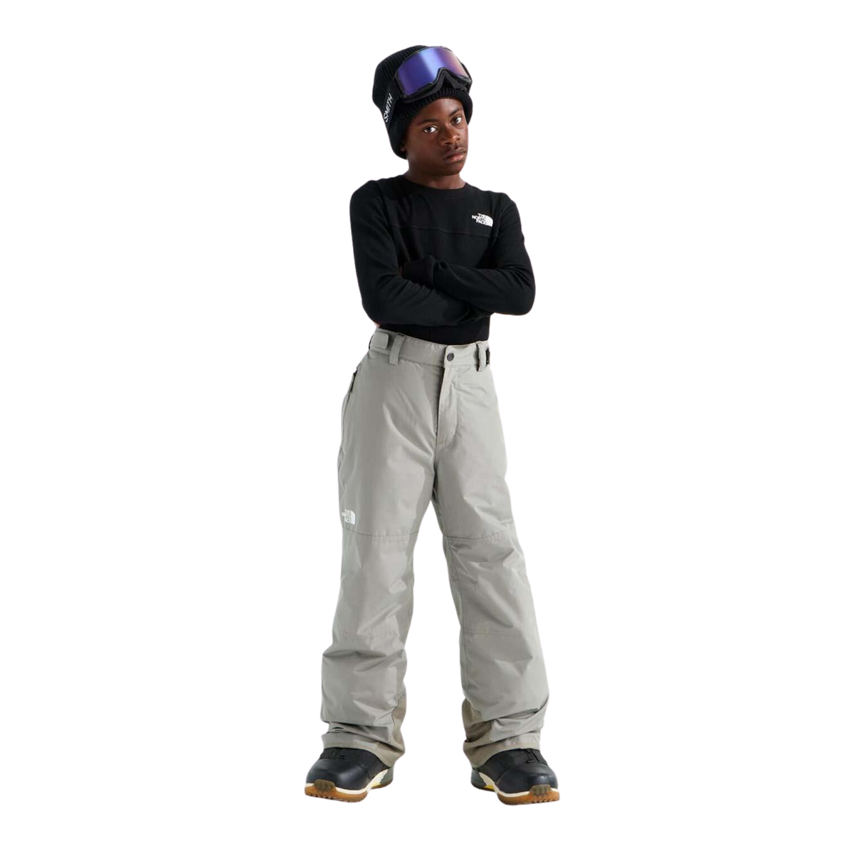 The North Face Boys Freedom Insulated Pant regular-fit design in Stone Slab color with adjustable waist, HEATSEEKER insulation and waterproof DRYVENT shell