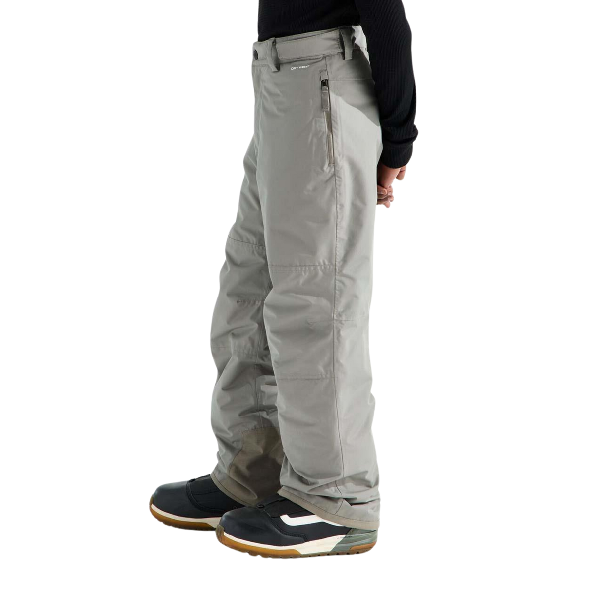 Side view of The North Face Boys Freedom Insulated Pant in Stone Slab color with HEATSEEKER synthetic insulation, adjustable waist and durable lower-leg construction