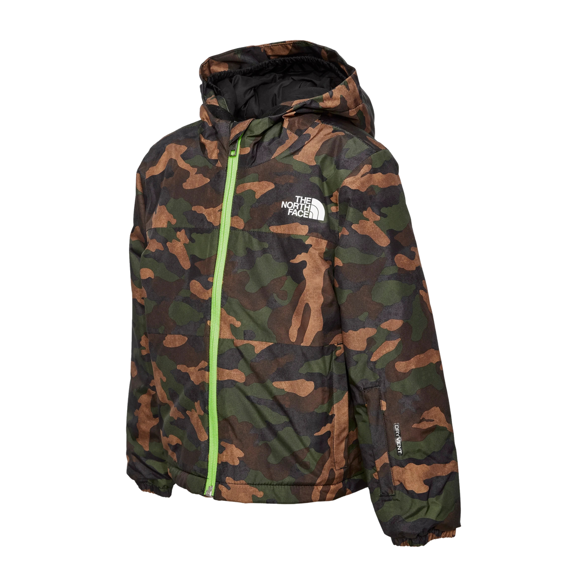 Side view of The North Face Kids Freedom Insulated Jacket in TNF Black / Camo Print design with shaped sleeves, adjustable cuffs and Heatseeker Eco insulation