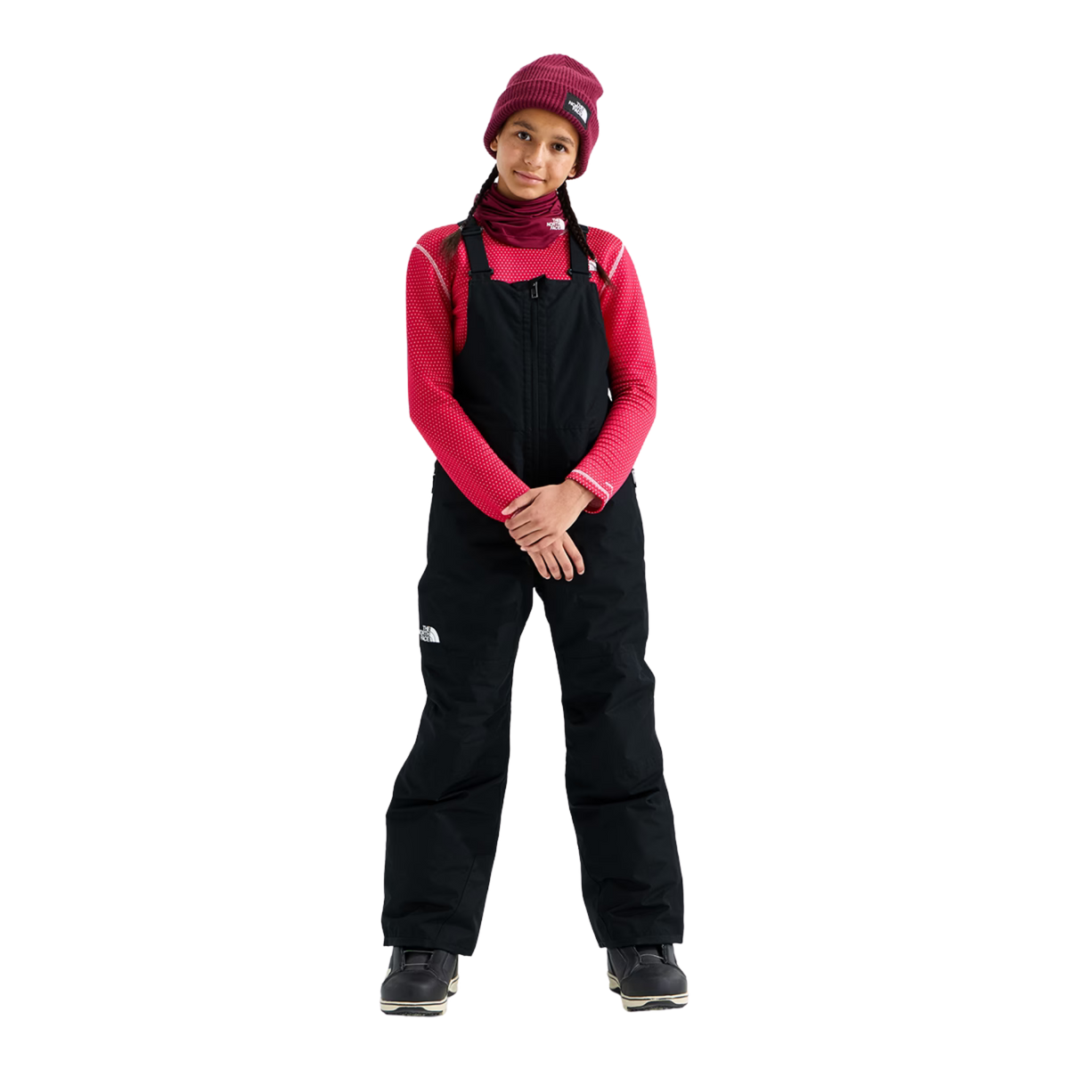 Front view of The North Face Teen Freedom Insulated Bib Pant showing adjustable suspenders, bib construction and reverse-coil centre-front zipper