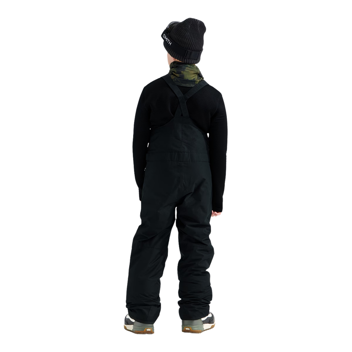 Rear view of The North Face Teen Freedom Insulated Bib Pant in Black featuring adjustable suspenders, regular fit and waterproof DRYVENT 2L fabric
