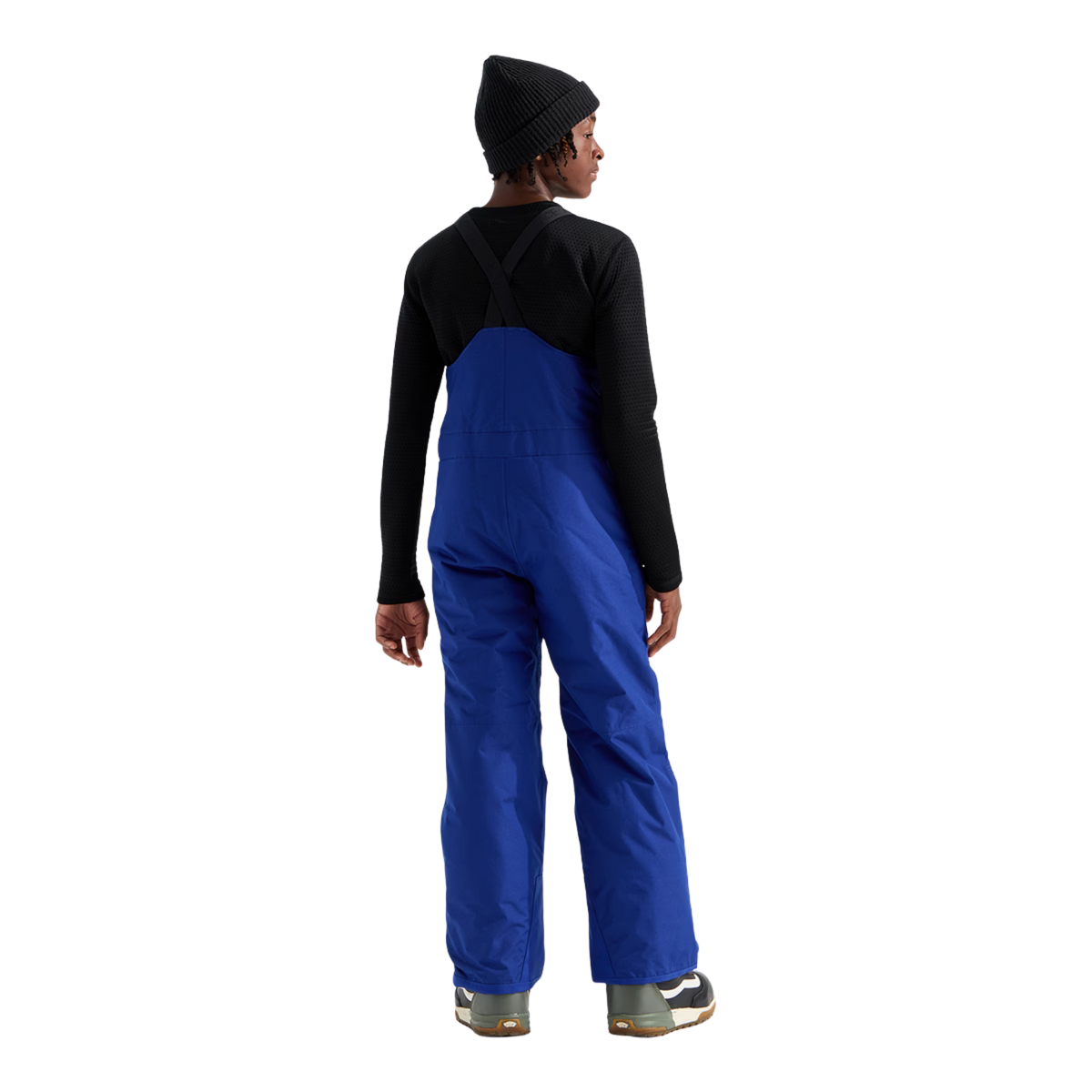 Rear upper bib detail of The North Face Teen Freedom Insulated Bib Pant in Bold Blue showing adjustable suspender construction
