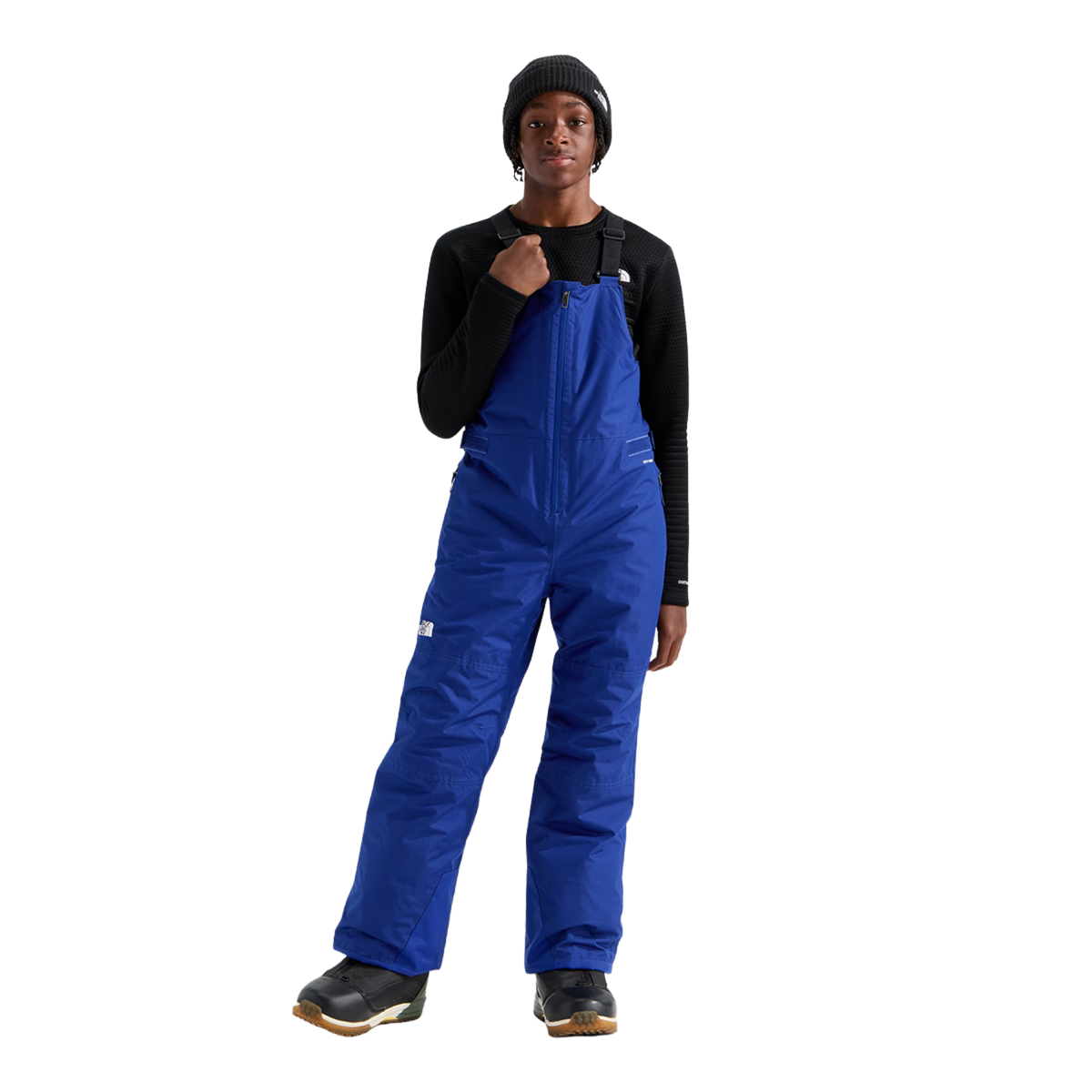 Front view of The North Face Teen Freedom Insulated Bib Pant in Bold Blue showing adjustable suspenders, bib construction and reverse-coil centre-front zipper