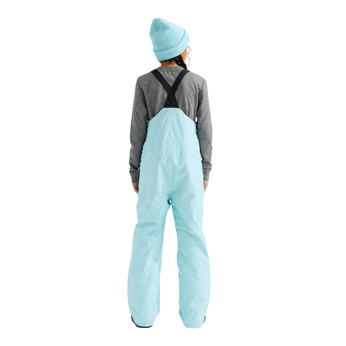 Rear view of The North Face Teen Freedom Insulated Bib Pant in Glacier color featuring adjustable suspenders, regular fit and waterproof DRYVENT 2L fabric
