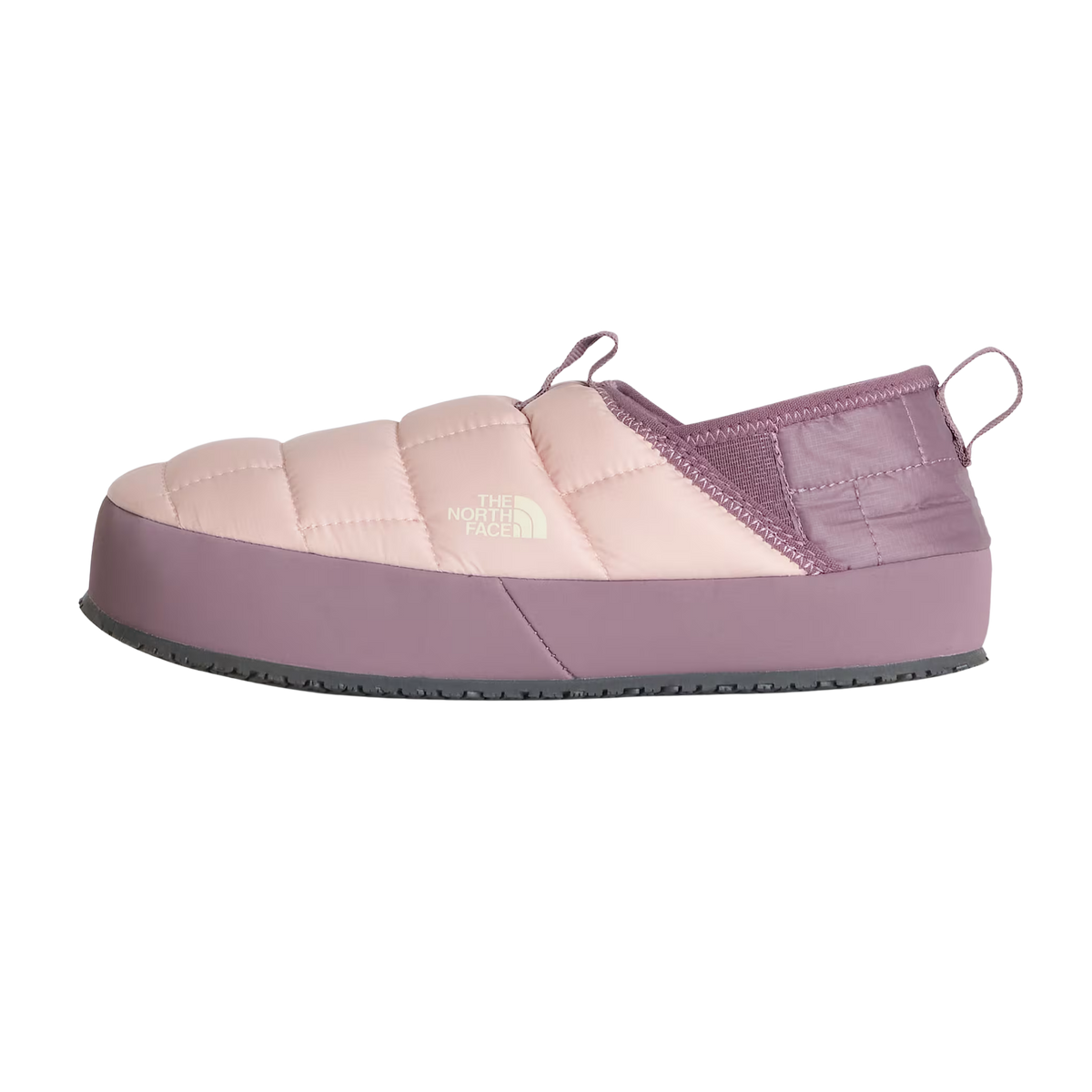 North Face Youth ThermoBall Traction Mule II in Pink Moss with recycled synthetic insulation, water-repellent ripstop upper and rubber traction outsole