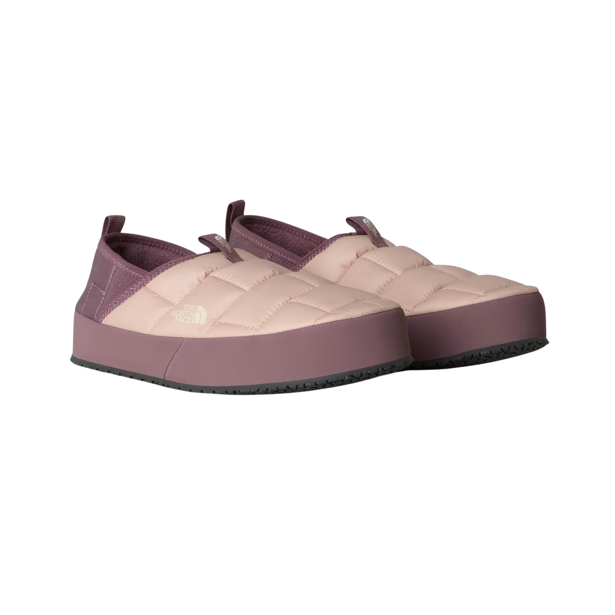 Front view of North Face Youth ThermoBall Traction Mule II in Pink Moss with insulated recycled P.E.T. ripstop uppers and cozy fleece lining
