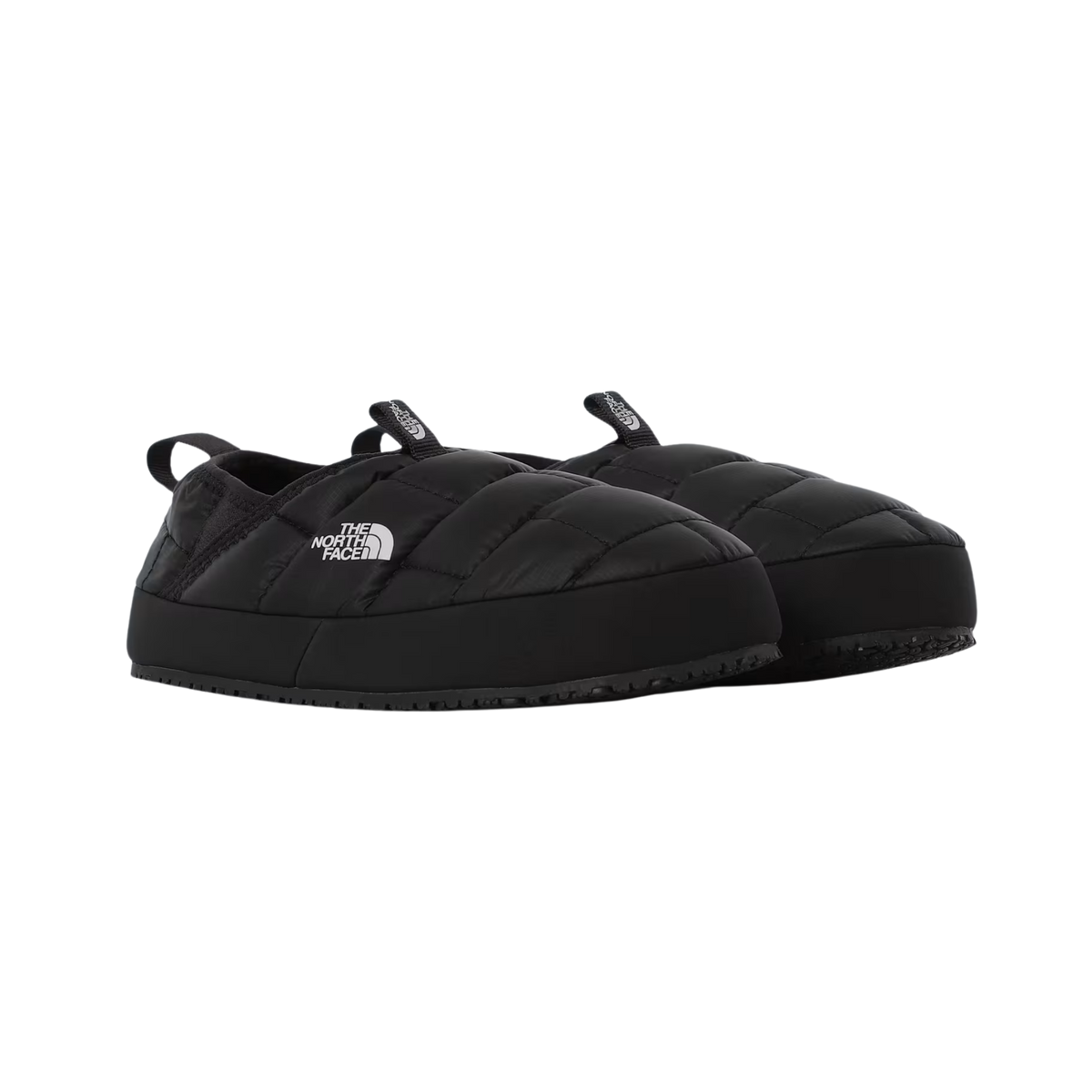Front view of North Face Youth ThermoBall Traction Mule II in TNF Black with insulated recycled P.E.T. ripstop uppers and cozy fleece lining