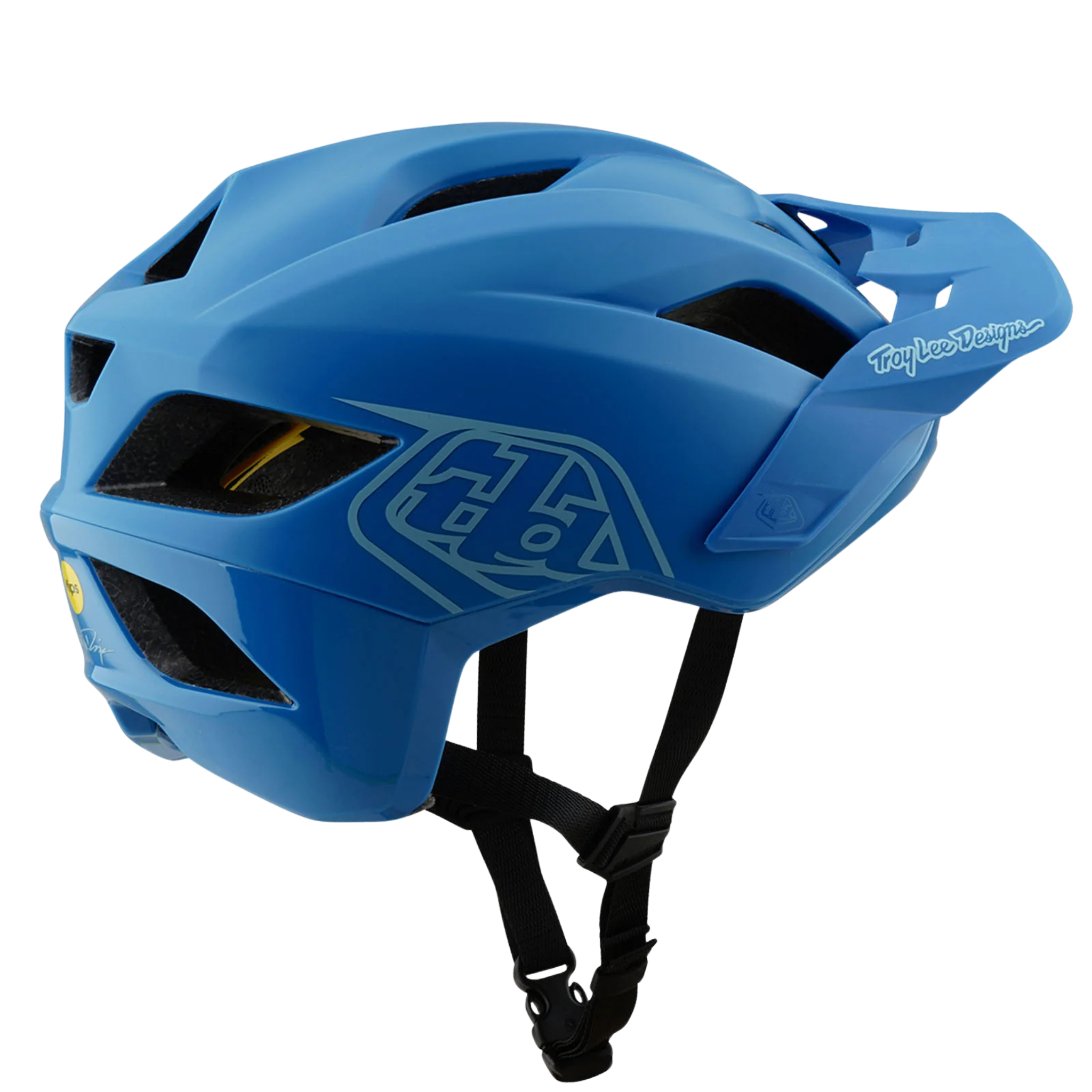 Side profile of Troy Lee Designs Youth Flowline Helmet Orbit with extended trail coverage n Cobalt/Blue