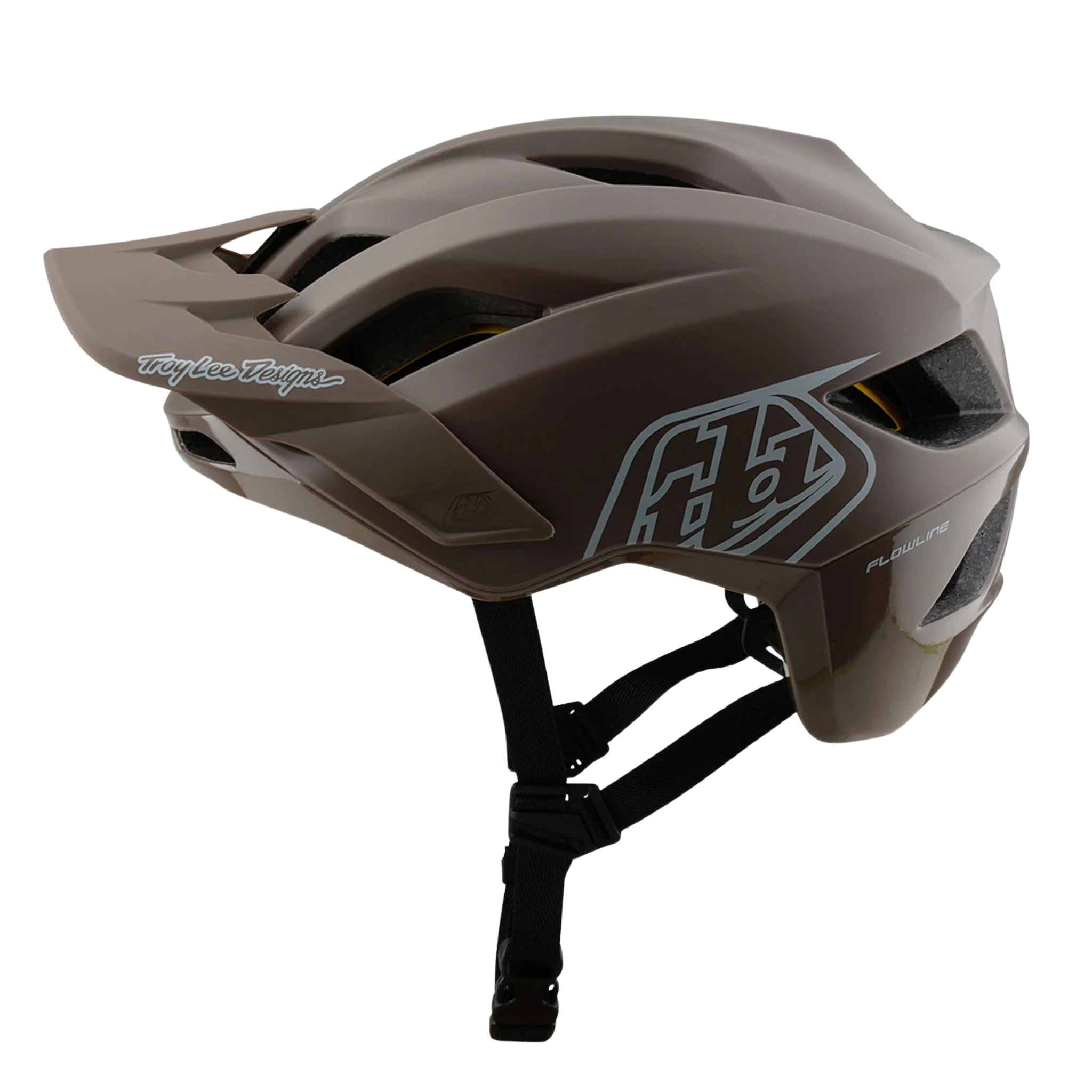 Side profile of Troy Lee Designs Youth Flowline Helmet Orbit with extended trail coverage in Caper/Chalk