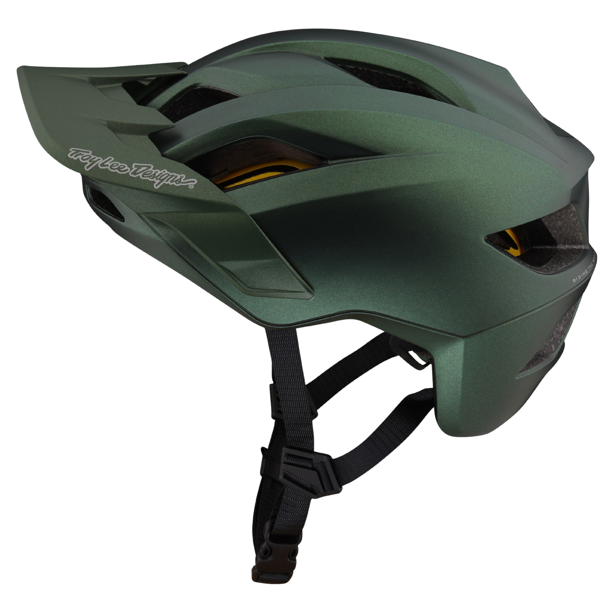 Side profile of Troy Lee Designs Youth Flowline Helmet Orbit with extended trail coverage in Forest Green