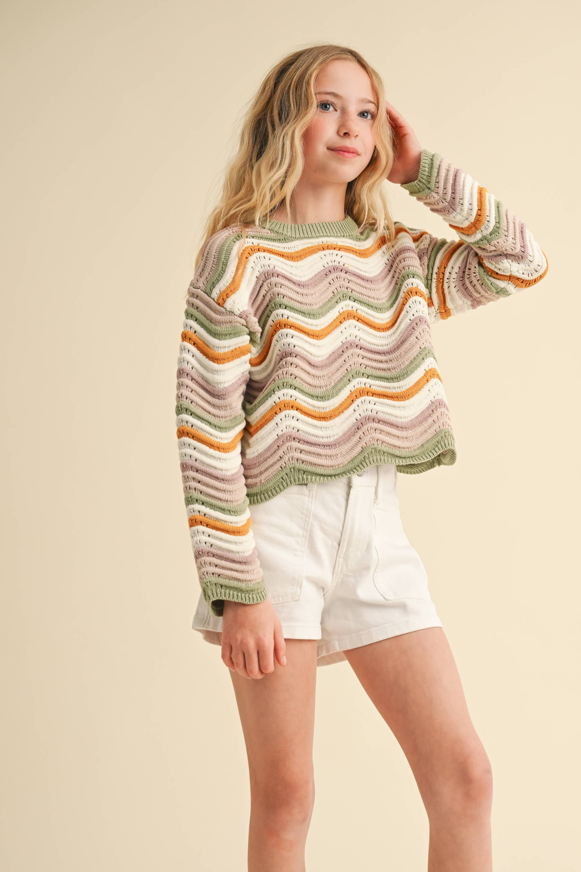 TWEEN GIRLS KIDS CREW NECK WAVY RIB KNIT PULL OVER (7-14)