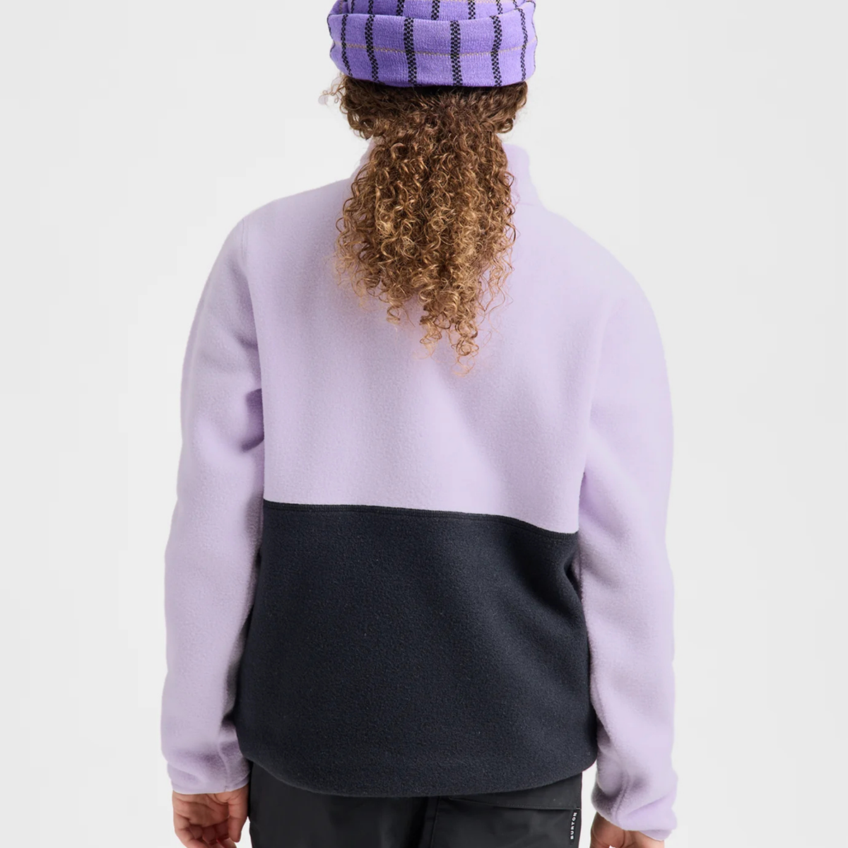 Back view of Burton Kids Cinder Fleece Anorak in Moondust Purple and True Black with soft recycled polar fleece
