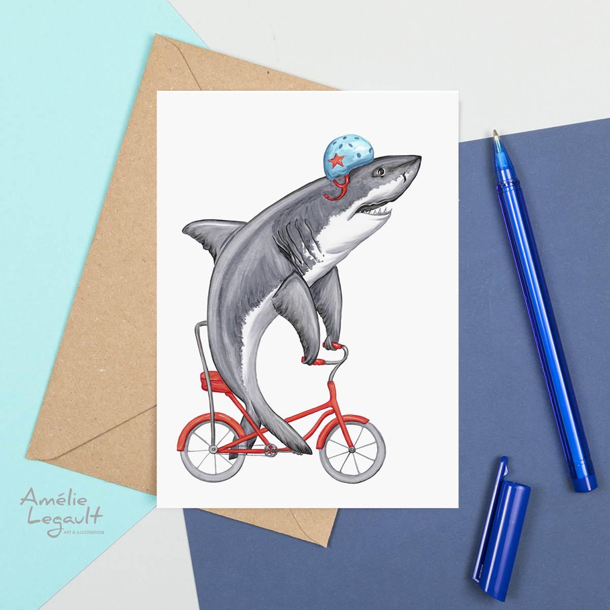 Shark riding a bike Greeting Card