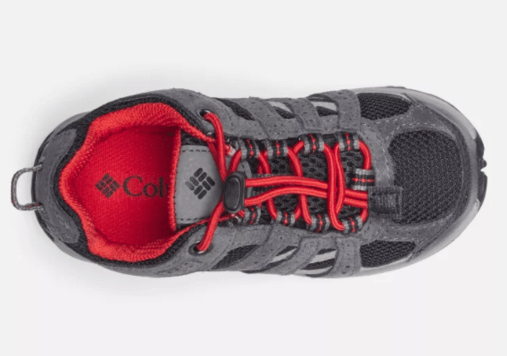 Columbia Children's Redmond Waterproof Hiking Shoes - Mountain Kids Outfitters - Black/Flame Color - White Background top view