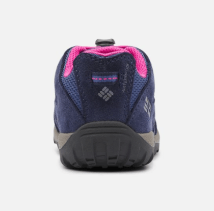 Columbia Children's Redmond Waterproof Hiking Shoes - Mountain Kids Outfitters - Bluebell/Pink Ice Color - White Background back view