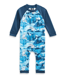 Baby Waffle Base Layer One Piece - Mountain Kids Outfitters: Acoustic Blue Snow Peak Mountains Print, Front View