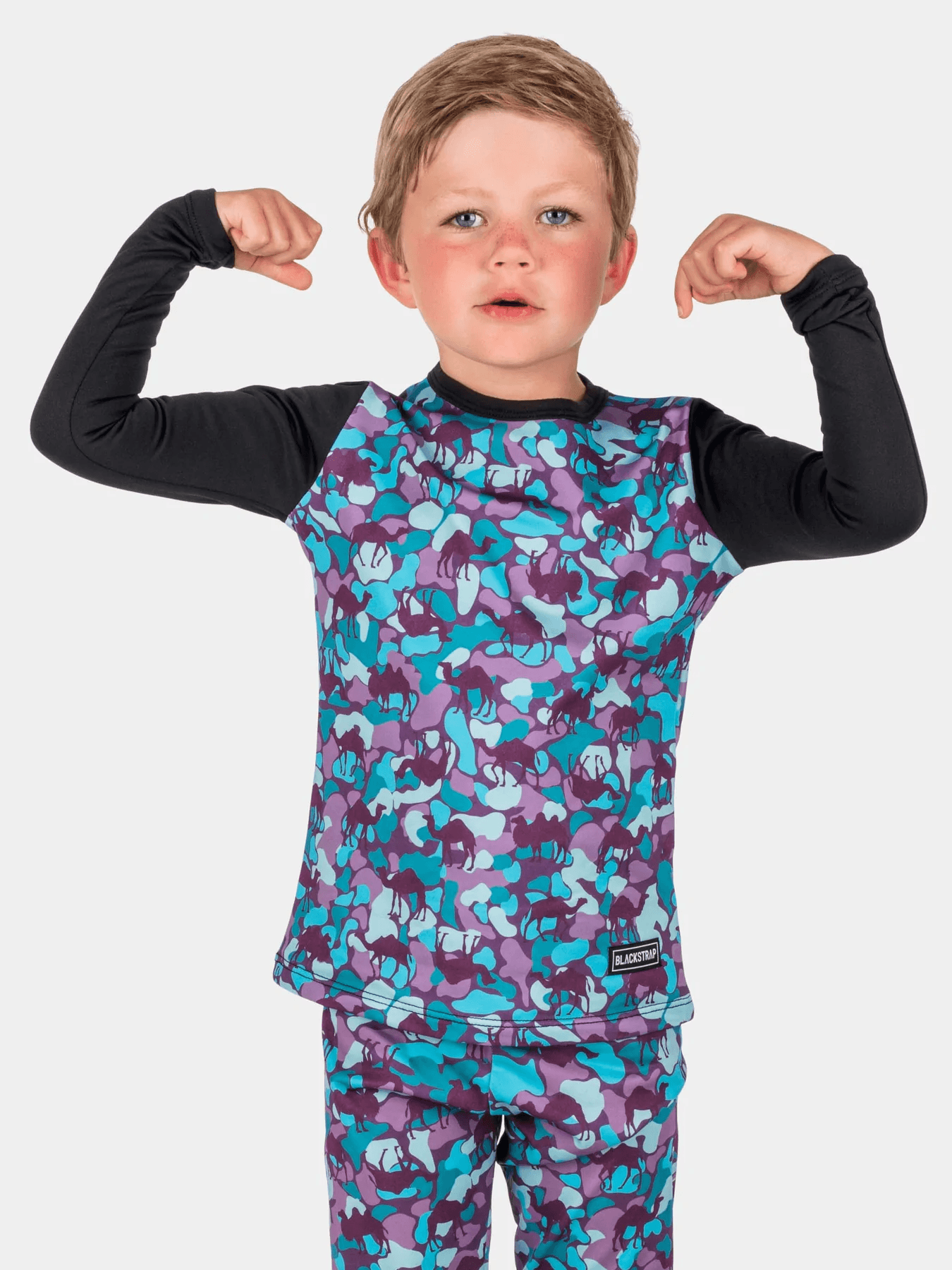 Blackstrap Kids Therma M/W Base Layer Crew 2022 - Mountain Kids Outfitters: Camelflauge Aquatic, Front View