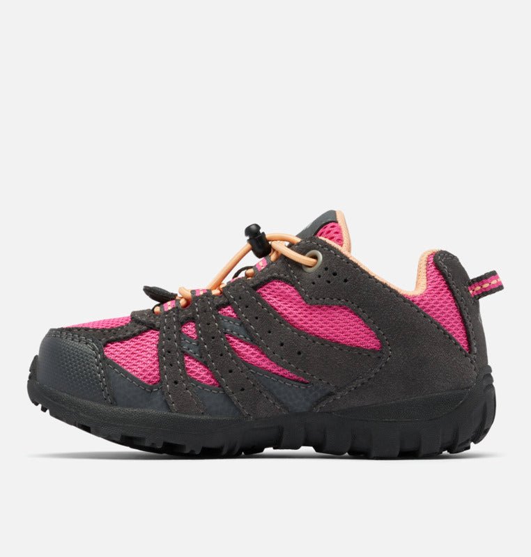Columbia Children's Redmond Waterproof Hiking Shoes - Mountain Kids Outfitters - Dark Grey/Pink Ice Color - White Background side view