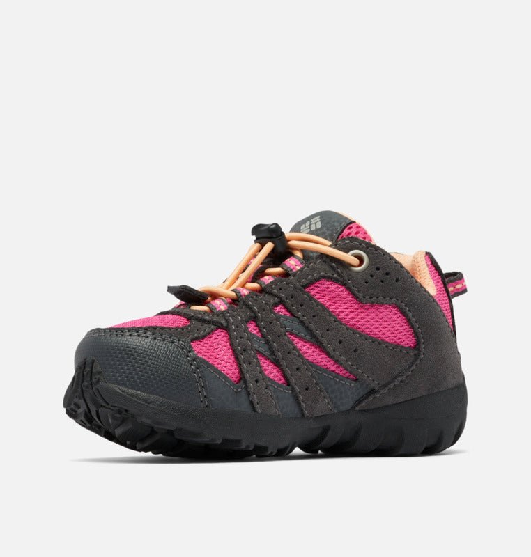 Columbia Children's Redmond Waterproof Hiking Shoes - Mountain Kids Outfitters - Dark Grey/Pink Ice Color - White Background