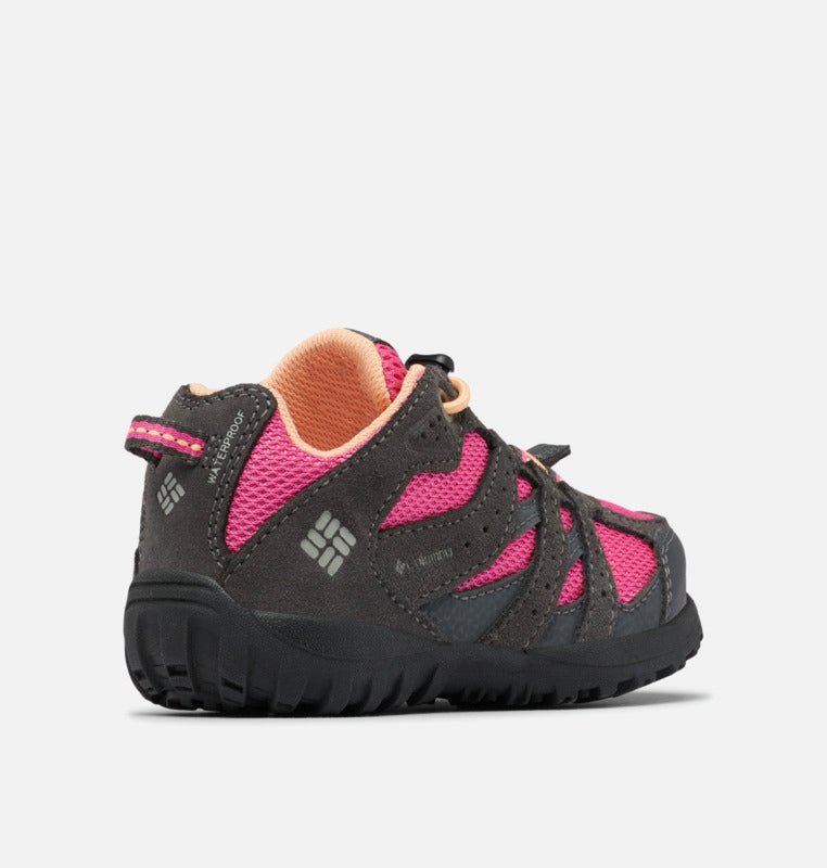 Columbia Children's Redmond Waterproof Hiking Shoes - Mountain Kids Outfitters - Dark Grey/Pink Ice Color - White Background back view