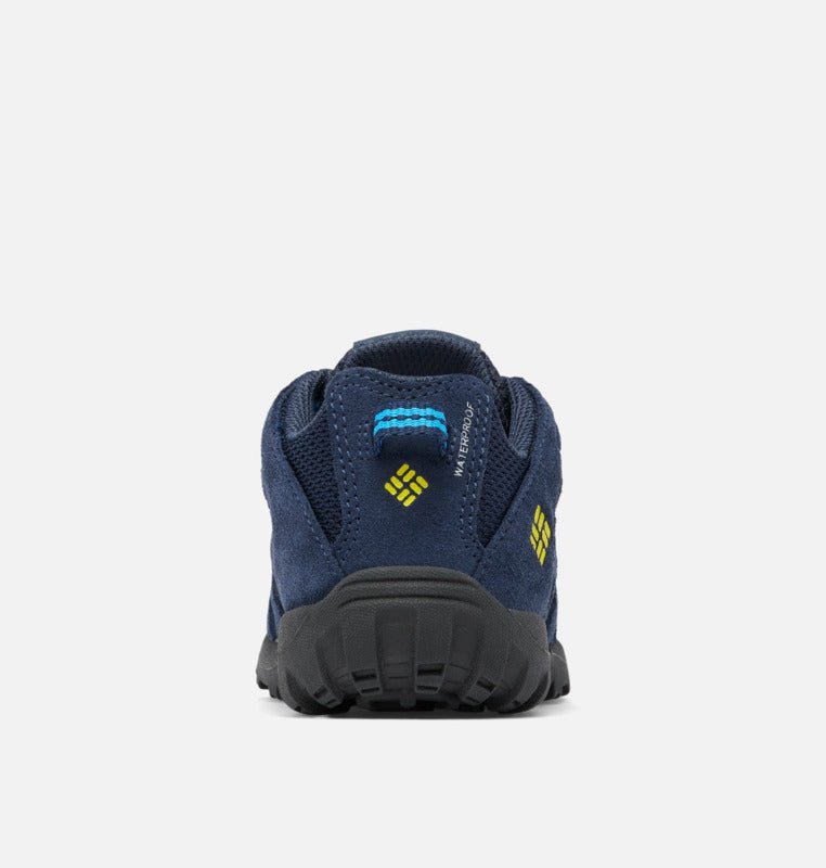 Columbia Children's Redmond Waterproof Hiking Shoes - Mountain Kids Outfitters - Collegiate Navy/Laser Lemon Color - White Background back view