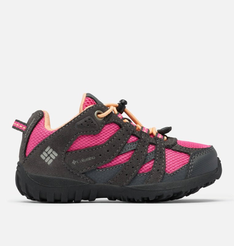 Columbia Children's Redmond Waterproof Hiking Shoes - Mountain Kids Outfitters - Dark Grey/Pink Ice Color - White Background side view