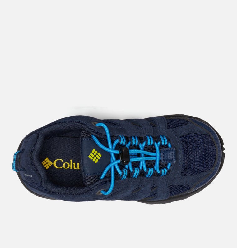 Columbia Children's Redmond Waterproof Hiking Shoes - Mountain Kids Outfitters - Collegiate Navy/Laser Lemon Color - White Background top view