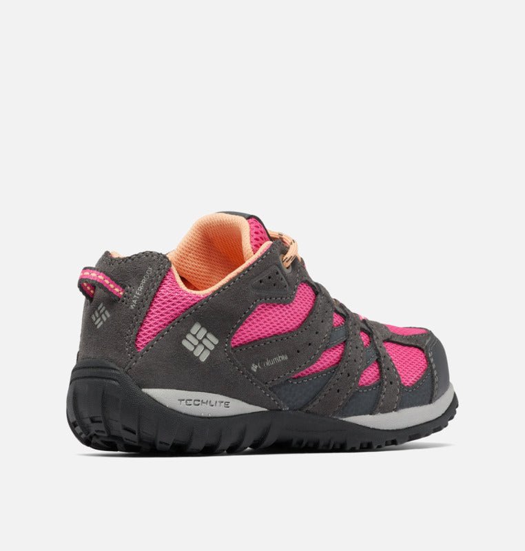 2022 Columbia Youth Redmond Waterproof Hiking Shoes - Mountain Kids Outfitters - Dark Grey/Pink Ice Color - White Background back view