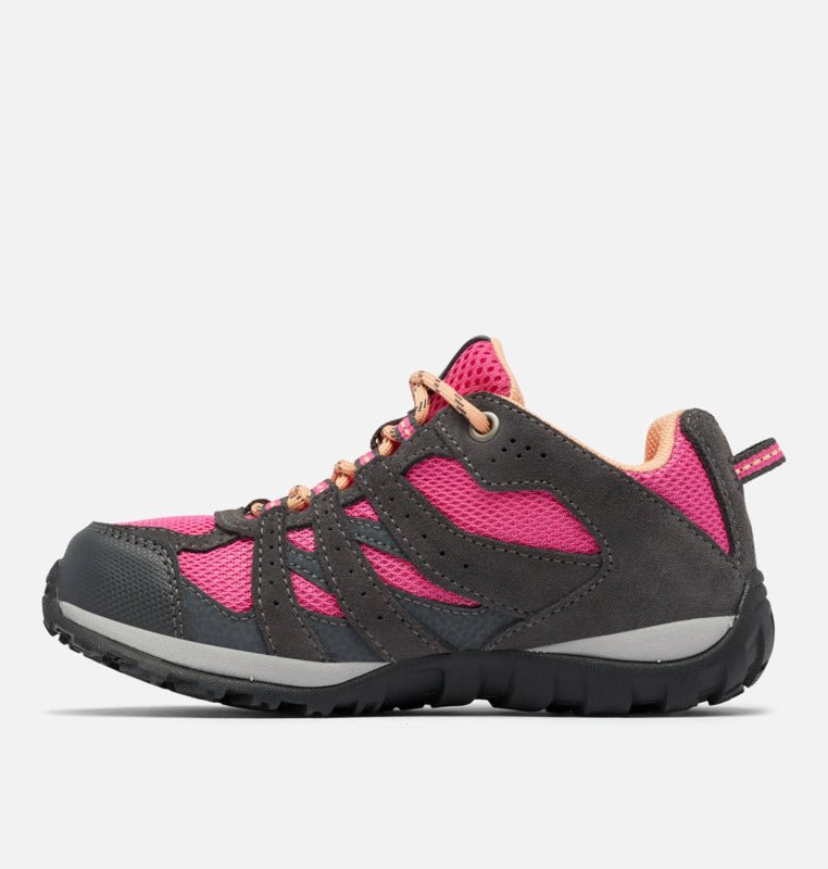 2022 Columbia Youth Redmond Waterproof Hiking Shoes - Mountain Kids Outfitters - Dark Grey/Pink Ice Color - White Background side view