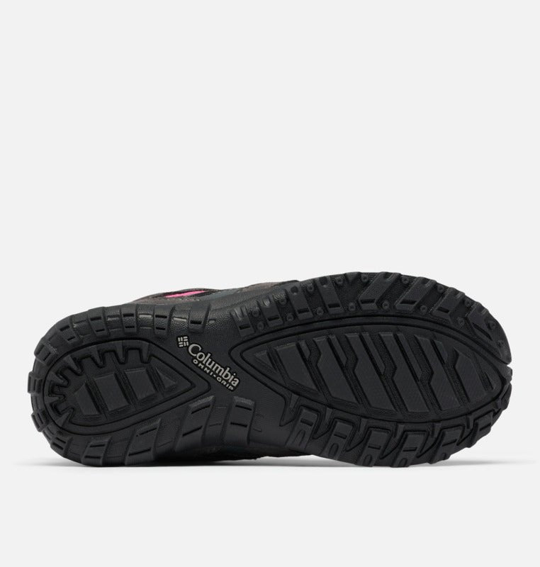 2022 Columbia Youth Redmond Waterproof Hiking Shoes - Mountain Kids Outfitters - Dark Grey/Pink Ice Color - White Background sole area