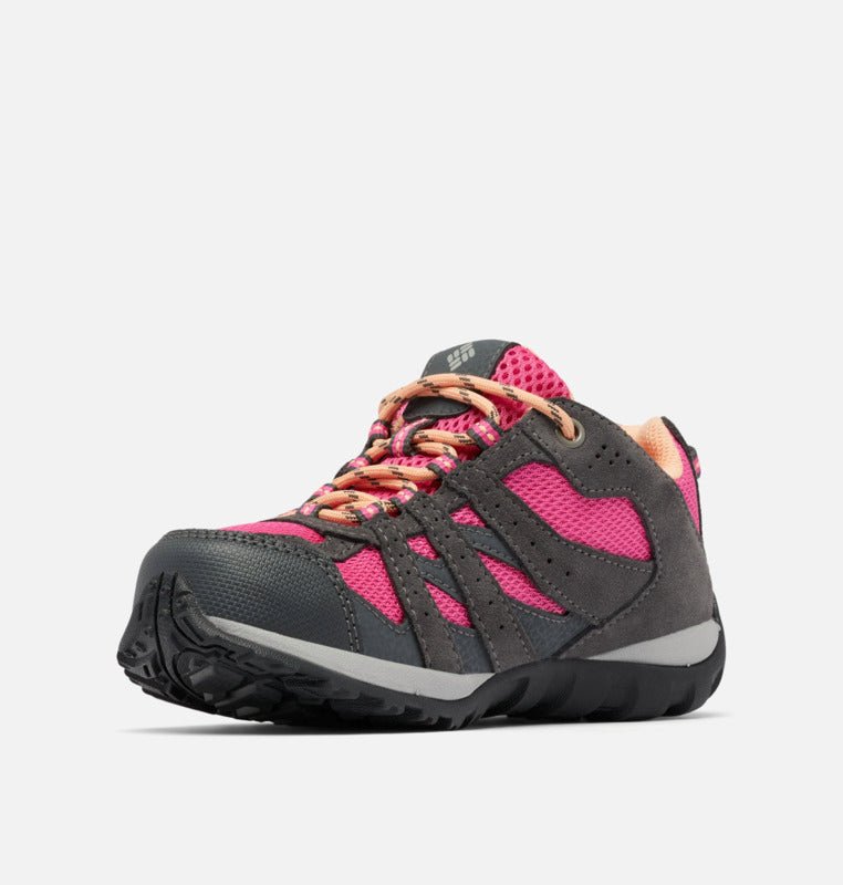2022 Columbia Youth Redmond Waterproof Hiking Shoes - Mountain Kids Outfitters - Dark Grey/Pink Ice Color - White Background
