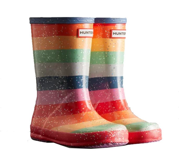 Hunter Original Kids' First Classic Glitter Rainbow Rain Boots - Mountain Kids Outfitters: Multi Bright  Color - White Background front view