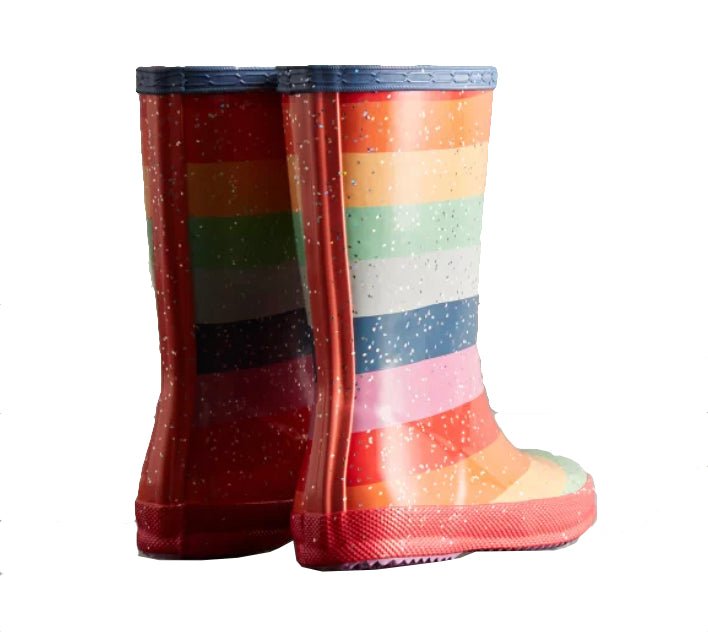 Hunter Original Kids' First Classic Glitter Rainbow Rain Boots - Mountain Kids Outfitters: Multi Bright  Color - White Background back view