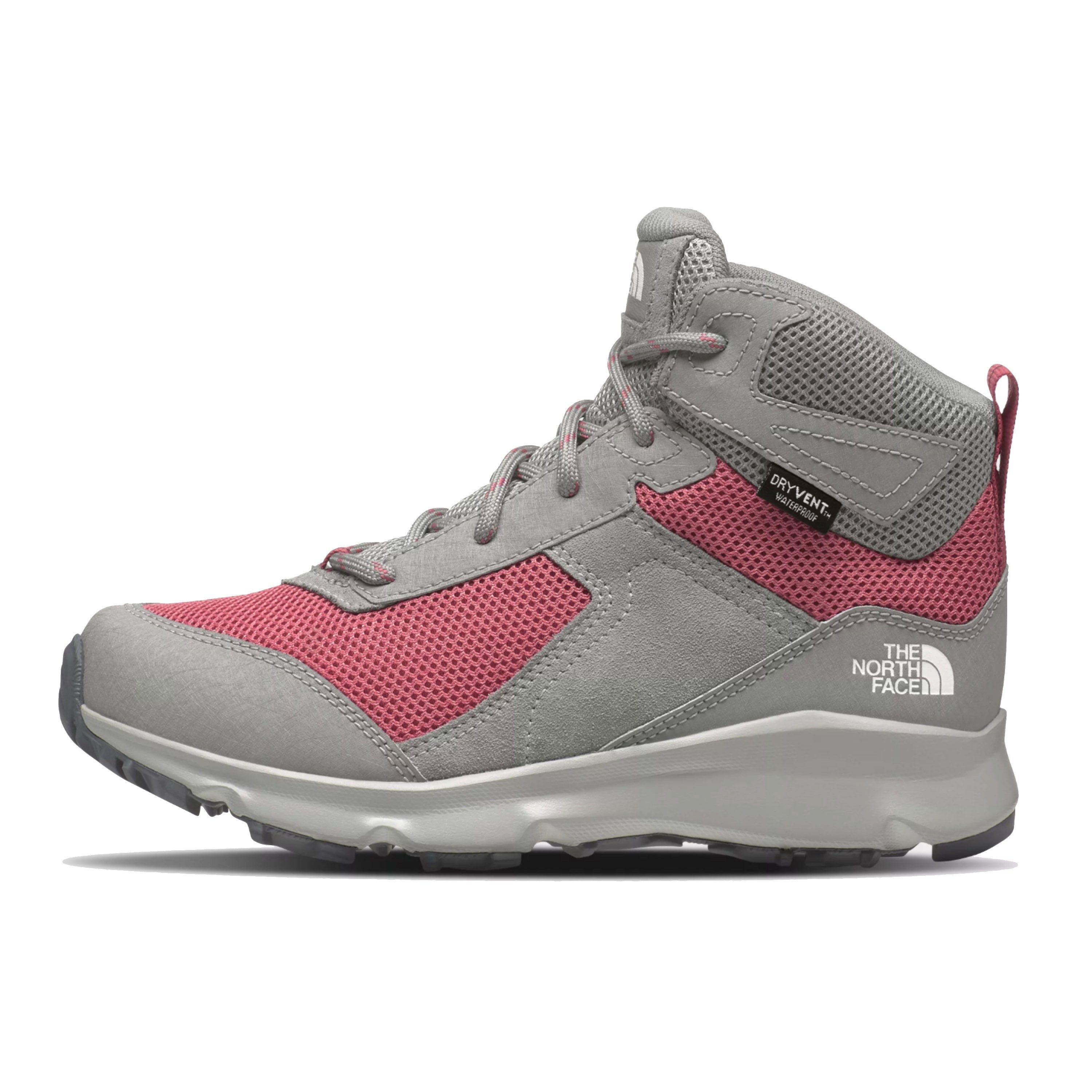 North Face Jr Hedgehog II Mid Waterproof Hiking Shoes - Mountain Kids Outfitters: Meld Grey / Slate Rose Color - White Background side view
