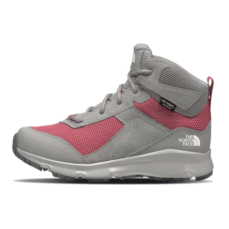 North Face Jr Hedgehog II Mid Waterproof Hiking Shoes - Mountain Kids Outfitters: Meld Grey / Slate Rose Color - White Background side view