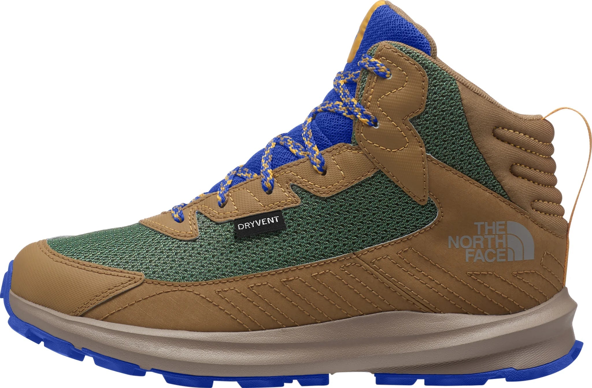 North Face Youth Fastpack Hiker Mid Waterproof Shoes - Mountain Kids Outfitters: Brown/Grass Green Color - White Background side view