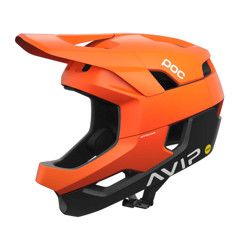 POC Otocon Race MIPS Full Face Helmet - Mountain Kids Outfitters: Fluorescent Orange AVIP/Uranium Black Matte, Side View