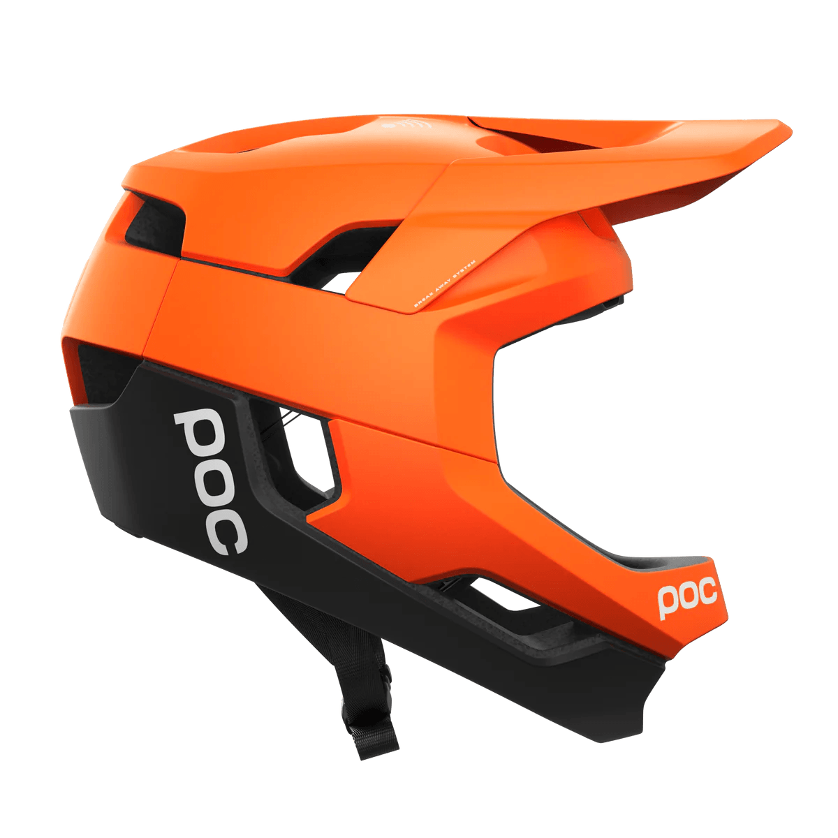 POC Otocon Race MIPS Full Face Helmet - Mountain Kids Outfitters: Fluorescent Orange AVIP/Uranium Black Matte, Side View