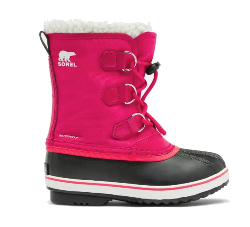 Sorel Children's Yoot Pac Nylon Snow Boots - Mountain Kids Outfitters - Bright Rose Color - White Background side view
