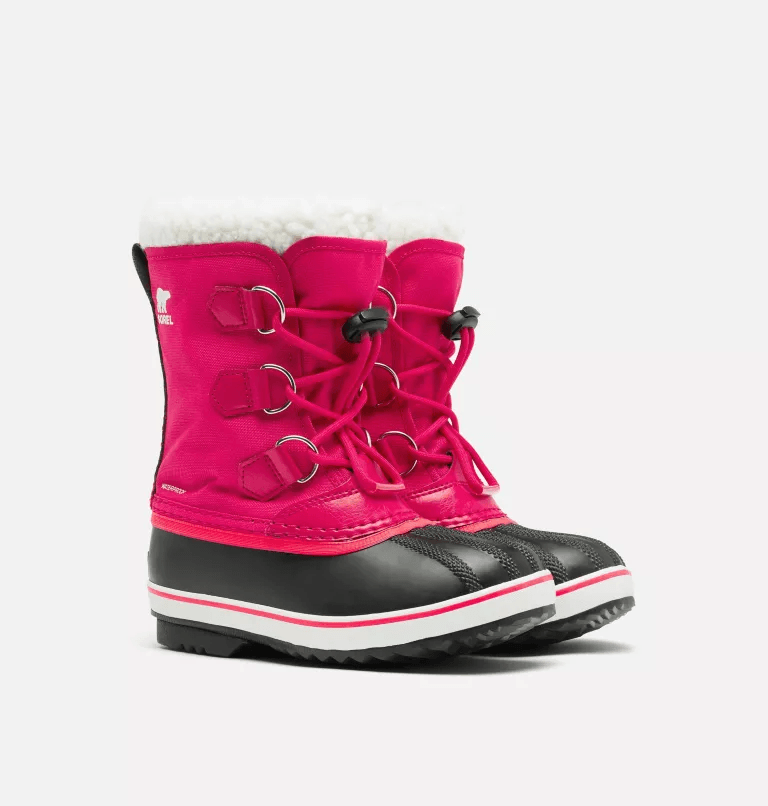Sorel Youth Yoot Pac Nylon Winter Boots - Mountain Kids Outfitters in Uniform Pink on a white background.