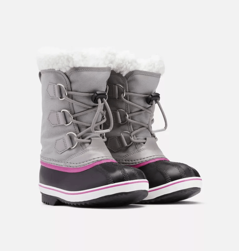 Sorel Youth Yoot Pac Nylon Winter Boots - Mountain Kids Outfitters in Uniform Pink/Grey on a white background side view
