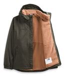 Open zipper of The North Face Boys' Warm Storm Green Jacket from Mountain Kids Outfitters against a white background.