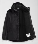 Open zipper of The North Face Boys' Warm Storm  Black Jacket from Mountain Kids Outfitters against a white background.